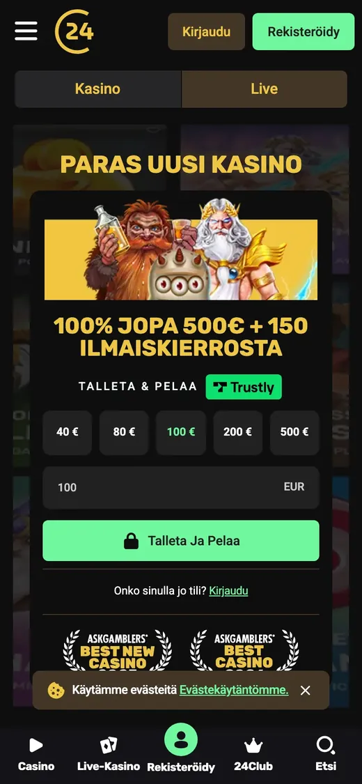 24Casino – etusivun näkymä puhelimella
