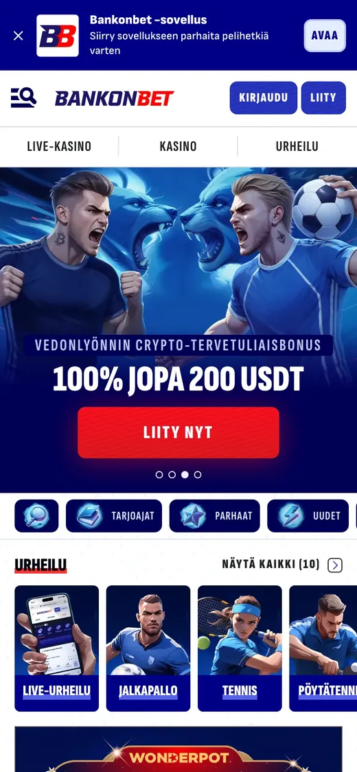 Bankonbet – etusivun näkymä puhelimella