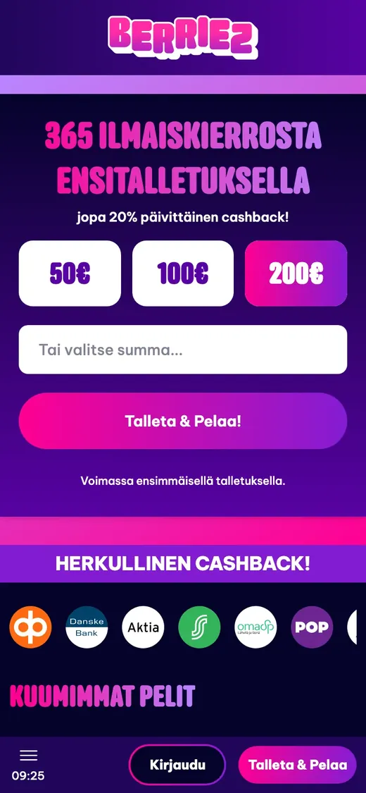 Berriez – etusivun näkymä puhelimella
