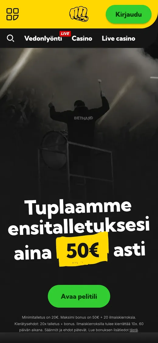 Bethard – etusivun näkymä puhelimella
