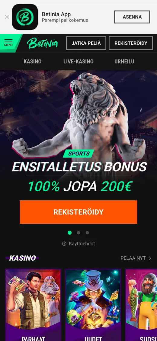 Betinia – etusivun näkymä puhelimella