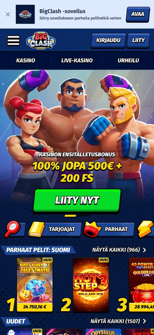 BigClash – etusivun näkymä puhelimella