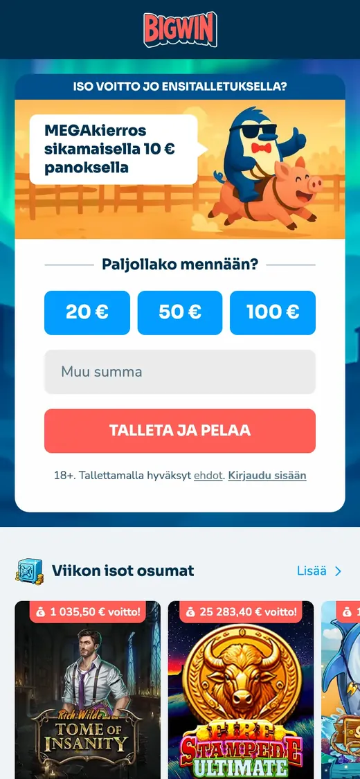 Bigwin – etusivun näkymä puhelimella