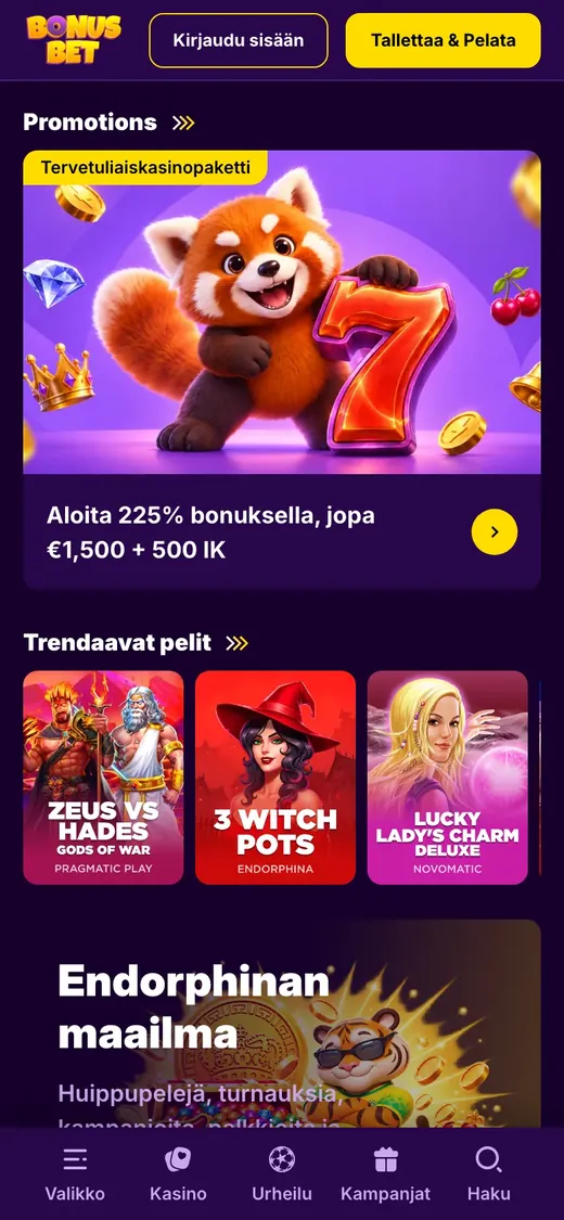 BonusBet – etusivun näkymä puhelimella
