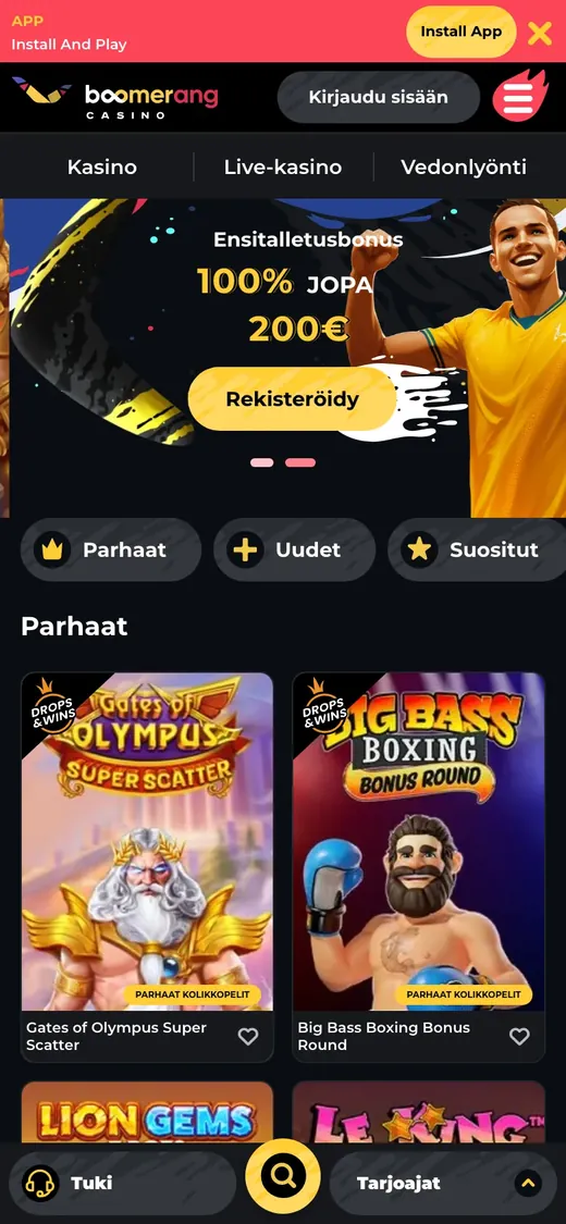 Boomerang Casino – etusivun näkymä puhelimella