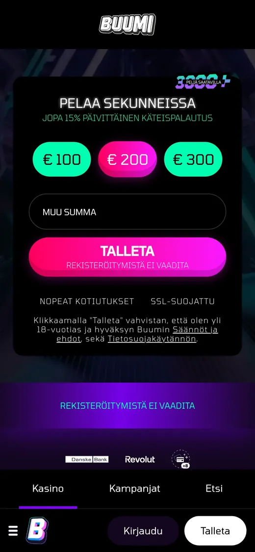 Buumi Casino – etusivun näkymä puhelimella