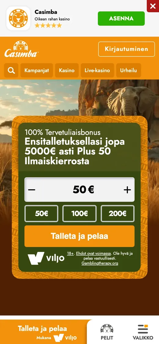 Casimba – etusivun näkymä puhelimella