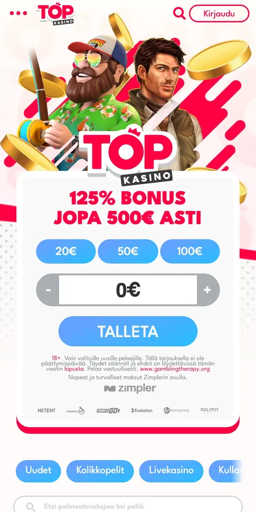 Top Casino – etusivun näkymä puhelimella