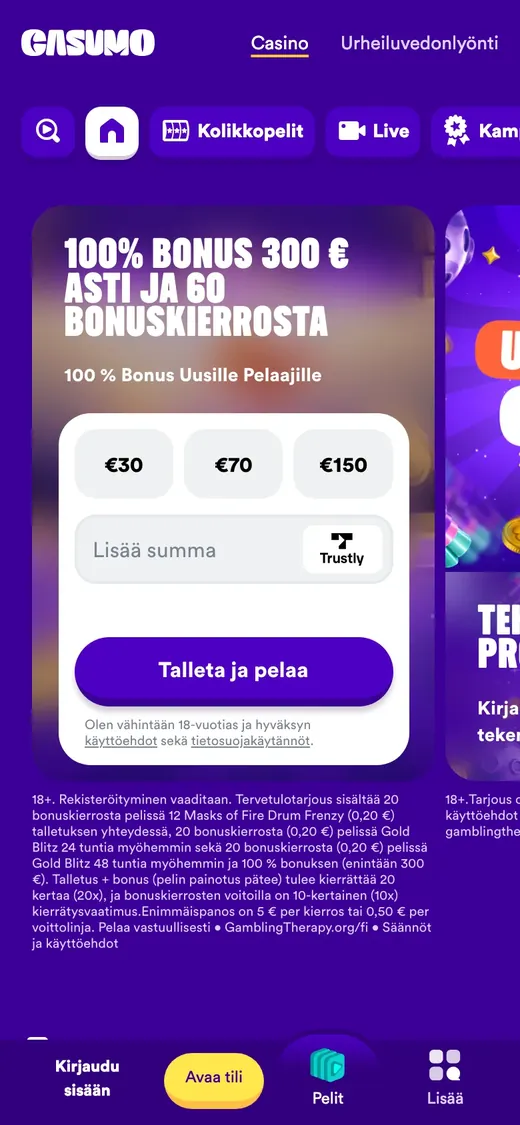 Casumo – etusivun näkymä puhelimella