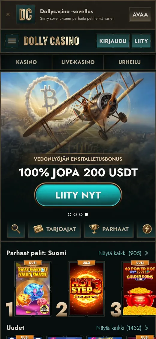 Dolly Casino – etusivun näkymä puhelimella