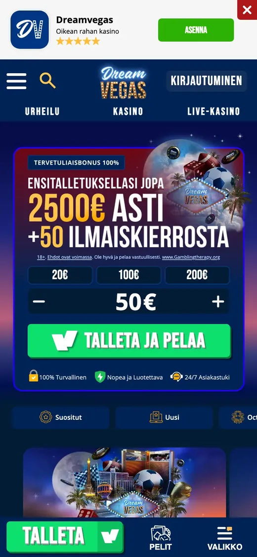 Dream Vegas – etusivun näkymä puhelimella