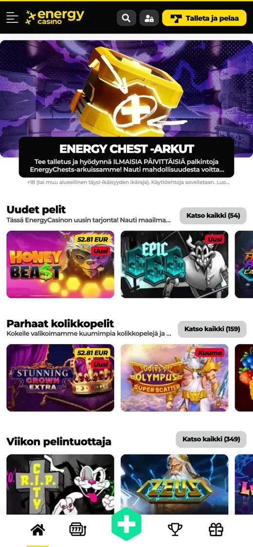 EnergyCasino – etusivun näkymä puhelimella