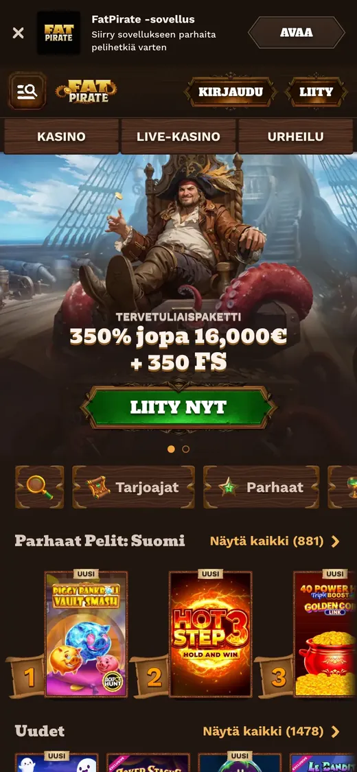 FatPirate – etusivun näkymä puhelimella