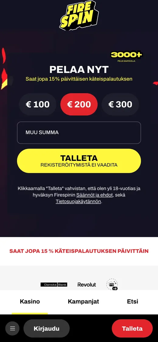 Firespin – etusivun näkymä puhelimella