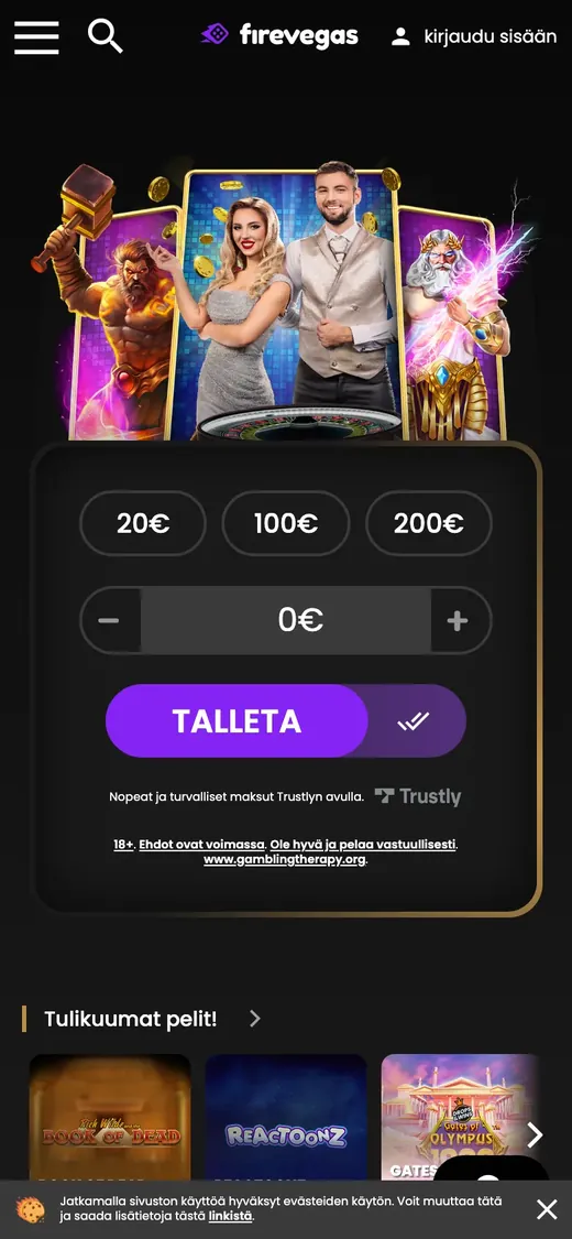 FireVegas – etusivun näkymä puhelimella
