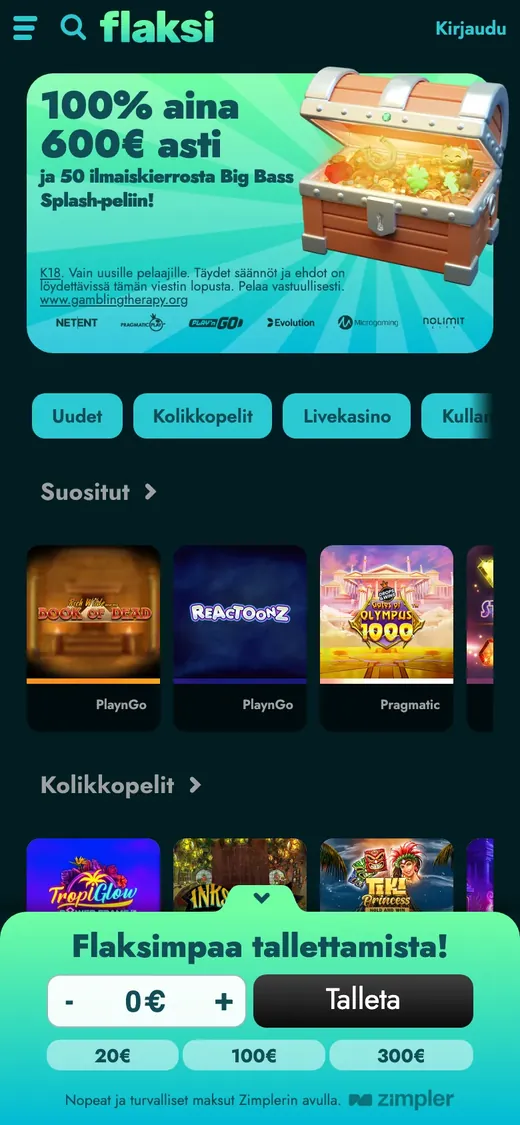 Flaksi – etusivun näkymä puhelimella