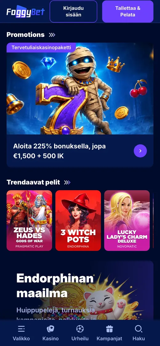 FoggyBet – etusivun näkymä puhelimella