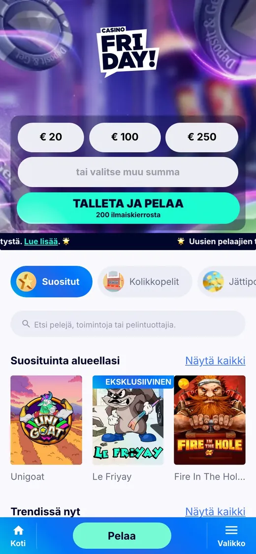 CasinoFriday – etusivun näkymä puhelimella