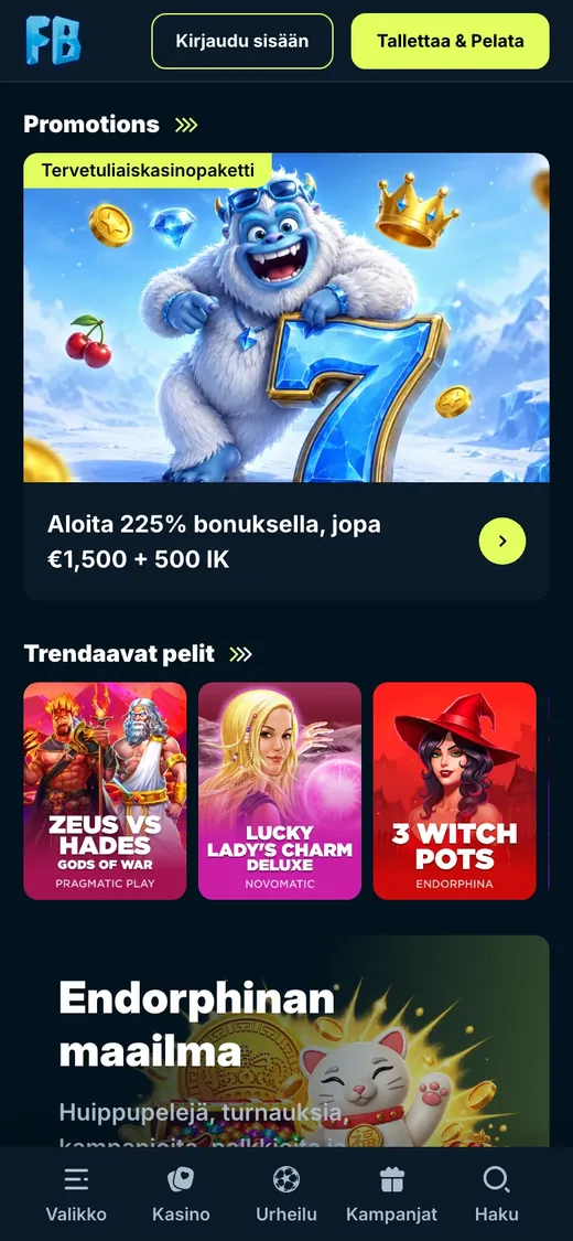 FrostyBet – etusivun näkymä puhelimella
