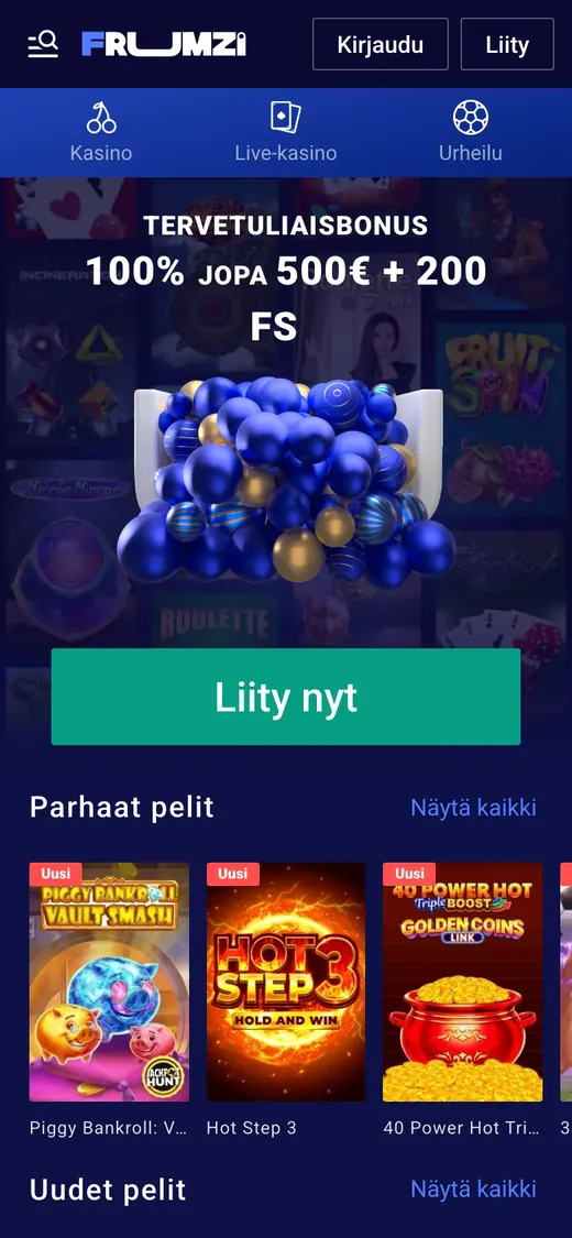 Frumzi – etusivun näkymä puhelimella