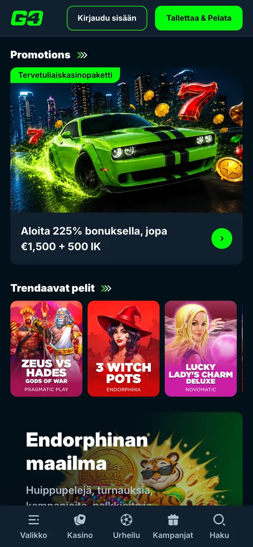 Go4Casino – etusivun näkymä puhelimella