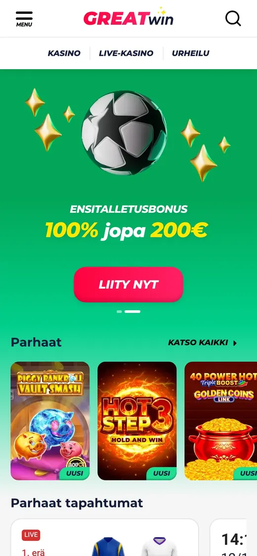 Greatwin – etusivun näkymä puhelimella