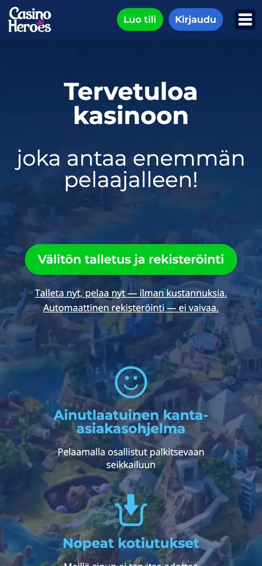 Casino Heroes – etusivun näkymä puhelimella