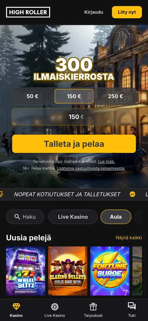 HighRoller – etusivun näkymä puhelimella