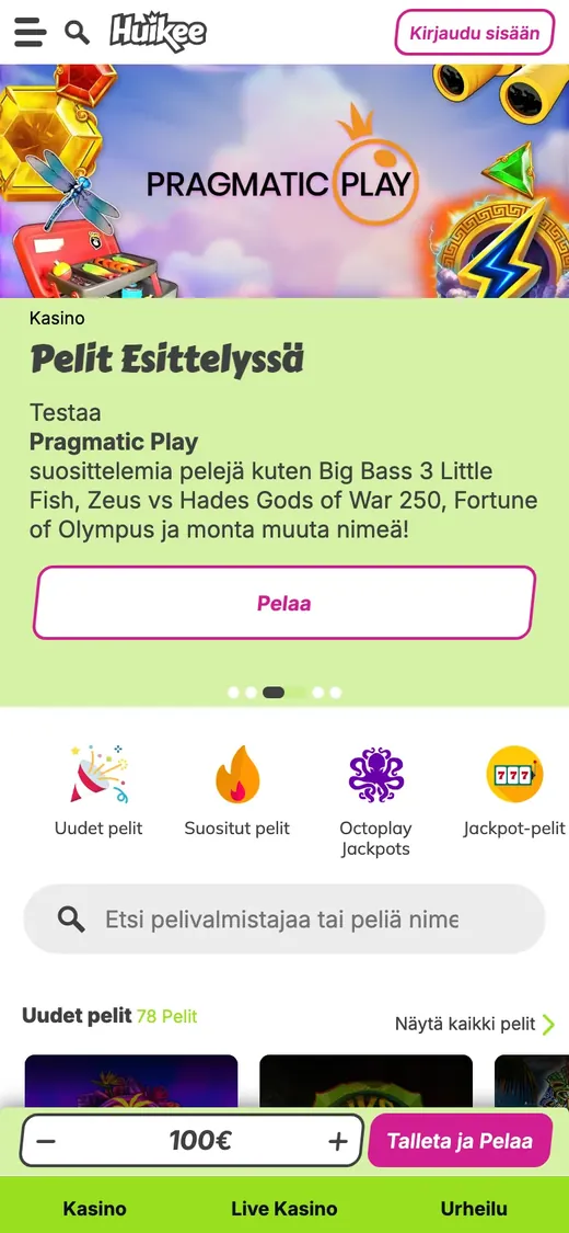 Huikee Kasino – etusivun näkymä puhelimella
