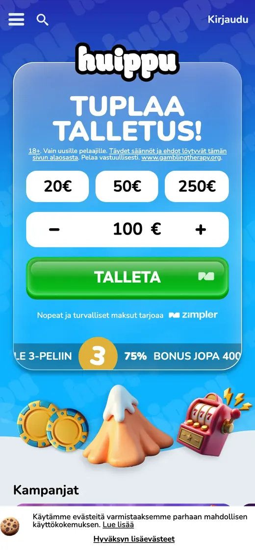 Huippu – etusivun näkymä puhelimella