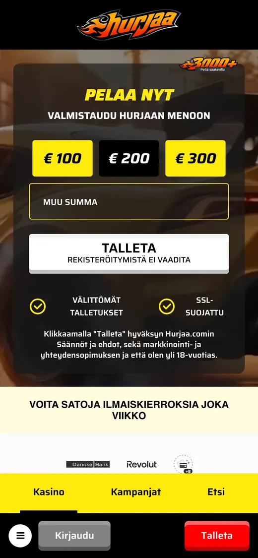 Hurjaa – etusivun näkymä puhelimella