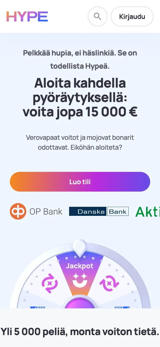 Hype Kasino – etusivun näkymä puhelimella