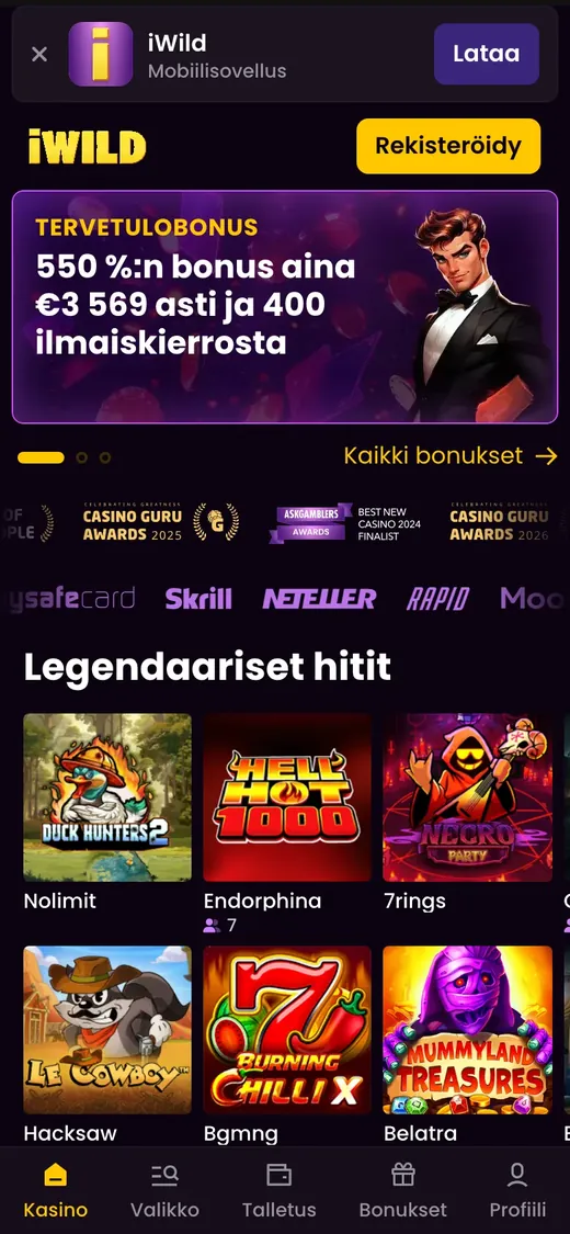 iWild – etusivun näkymä puhelimella