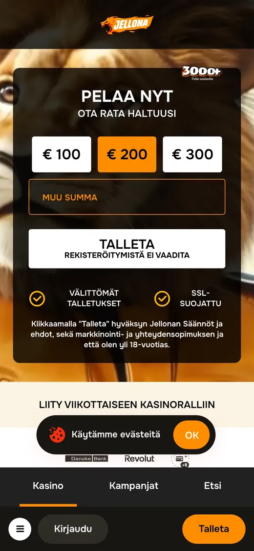 Jellona Casino – etusivun näkymä puhelimella