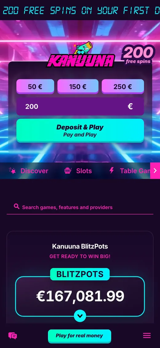 Kanuuna Casino – etusivun näkymä puhelimella
