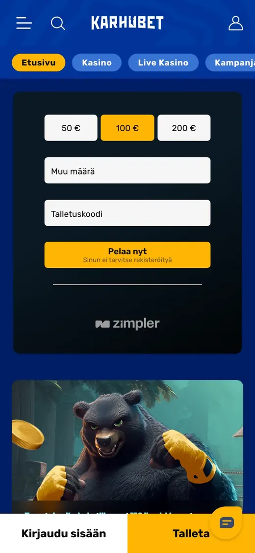 Karhubet – etusivun näkymä puhelimella