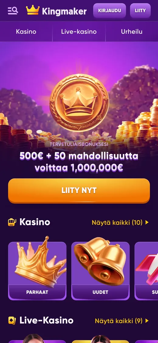 Kingmaker – etusivun näkymä puhelimella