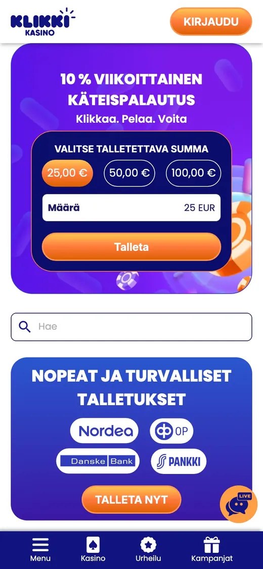 Klikki Kasino – etusivun näkymä puhelimella
