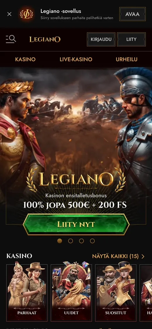 Legiano – etusivun näkymä puhelimella