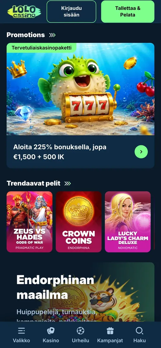 Lolo – etusivun näkymä puhelimella