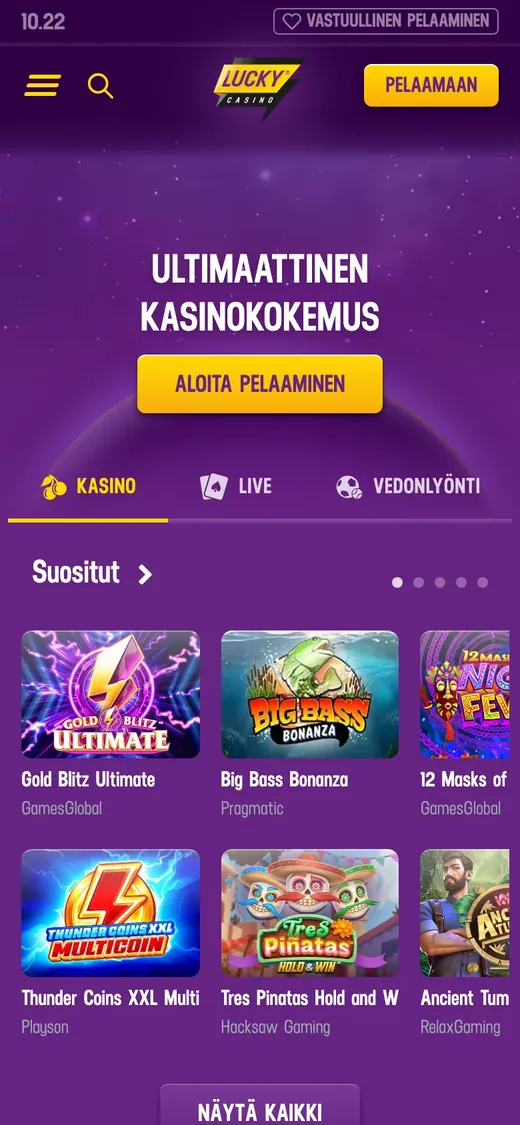 Lucky Casino – etusivun näkymä puhelimella