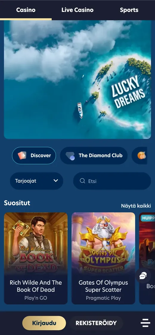 Lucky Dreams – etusivun näkymä puhelimella