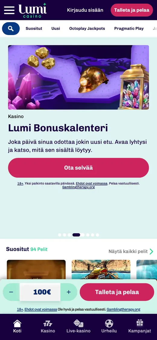 Lumi Casino – etusivun näkymä puhelimella