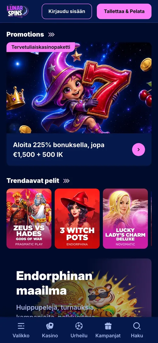 LunarSpins – etusivun näkymä puhelimella