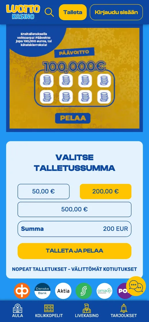 Luotto Kasino – etusivun näkymä puhelimella