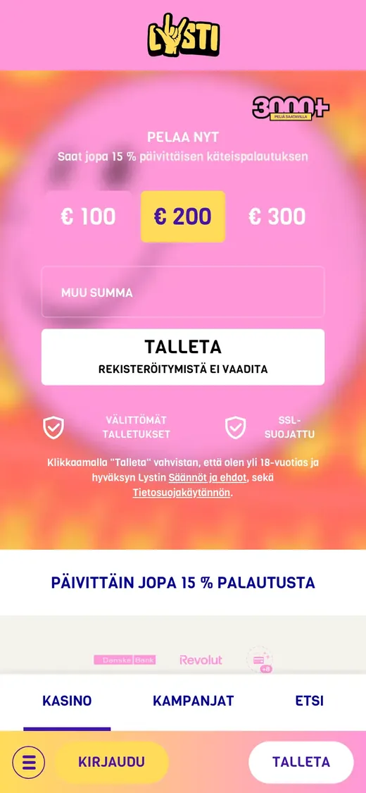 Lysti Casino – etusivun näkymä puhelimella