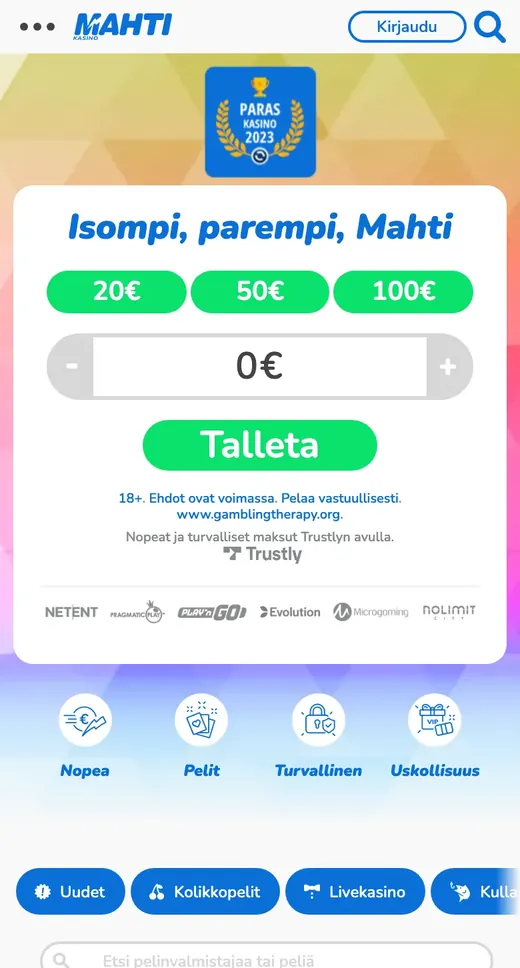 Mahti Kasino – etusivun näkymä puhelimella