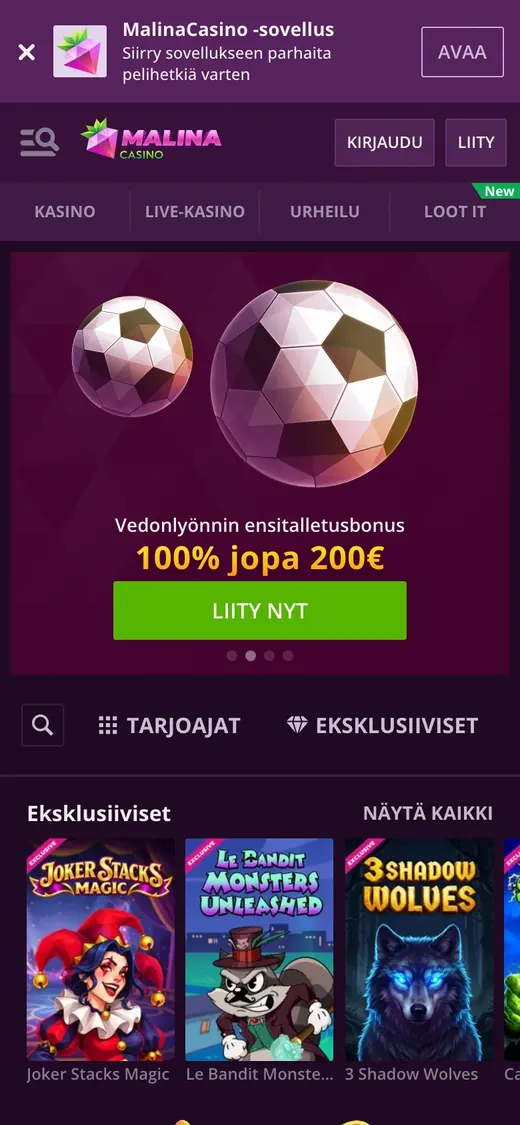 MalinaCasino – etusivun näkymä puhelimella