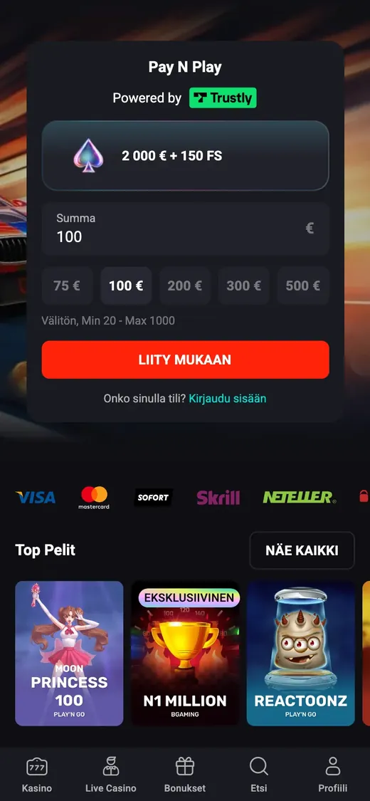 N1 Casino – etusivun näkymä puhelimella