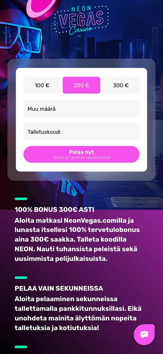 Neon Vegas – etusivun näkymä puhelimella